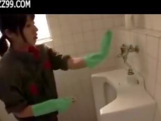 Mosaic: enchanting cleaner gives geek blowjob in lavatory 01