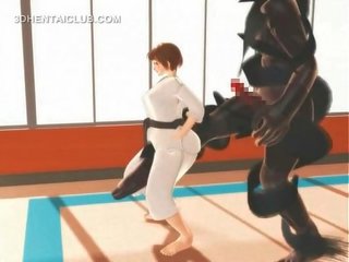 Hentai karate fräulein würgen auf ein massiv manhood im 3d